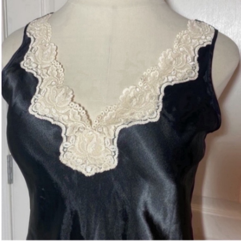 Vintage Inner Most Slip Dress Mini Black Cream Satin Lace V-Neck Dance Party  L - Picture 6 of 17